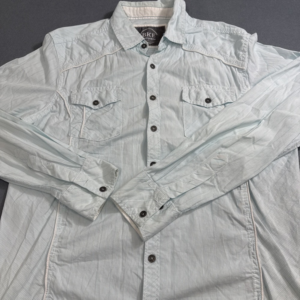 SHIRT BKE Buckle MENS LARGE Slim Fit Blue Plaid Long Sleeve Button Up